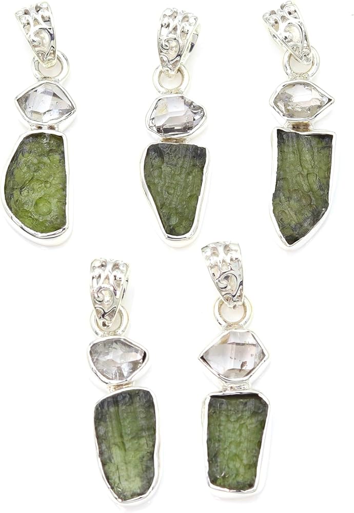 Moldavite Crystal and Herkimer Diamond Pendant Necklace with 16+3" Box Chain For Women Men and Girls (Choose Your Style)