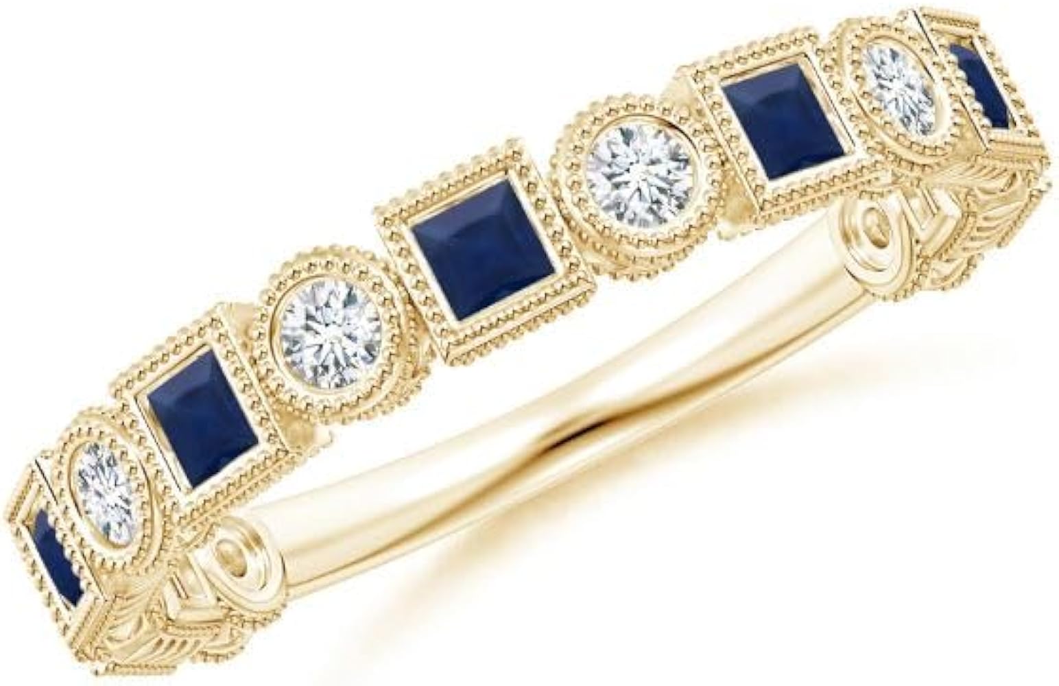 Bezel Set Square Shape Blue Sapphire CZ Diamond Half Eternity Band Ring 925 Sterling Silver 18k Yellow Gold September Birthstone Gemstone Jewelry Wedding Engagement Women Birthday Gift