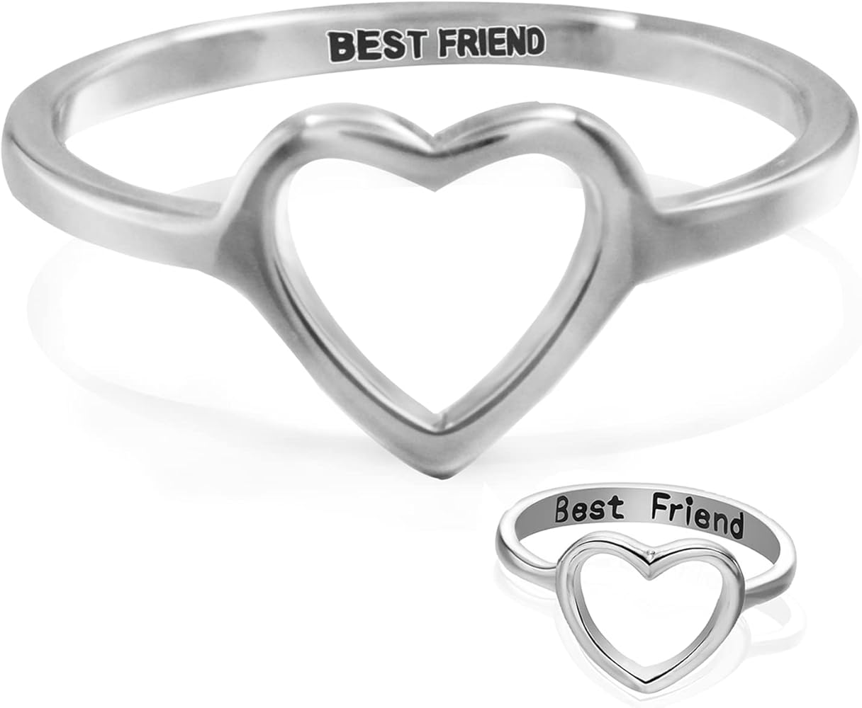 2 Pack Hollow Love Heart Friendship Rings Best Friend Rings for 2 Girls Stainless Steel Engraving Letter Friend Rings for Women Teens (8)