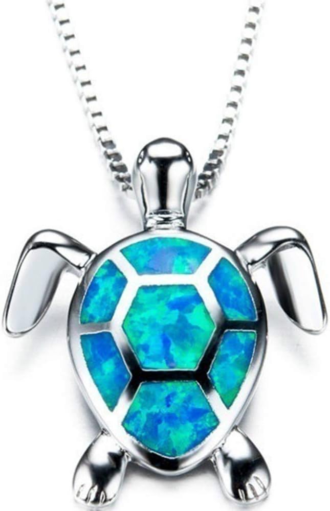 Jude Jewelers White Gold Plated Simulated Opal Small Turtle Pendant Statement Necklace