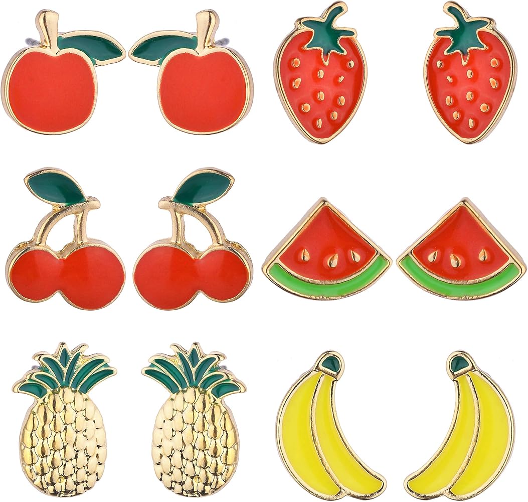 Lux Accessories Set of 6 Pairs Banana Watermelon Cherry Pineapple Strawberry Stud Earrings