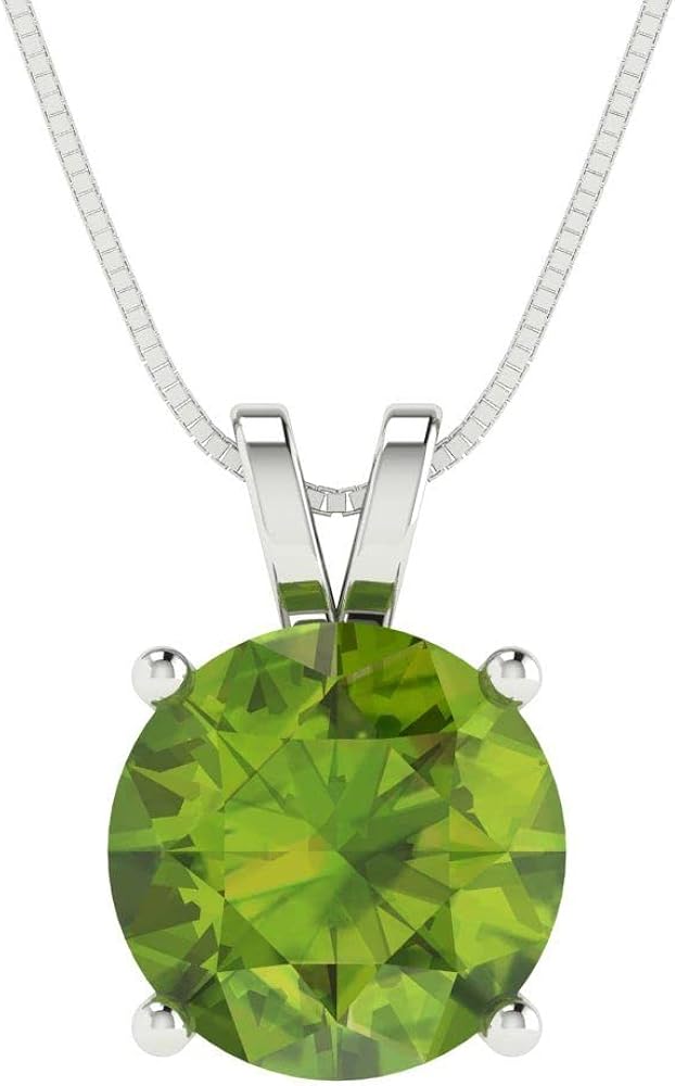 Clara Pucci 3.0 ct Round Cut Genuine Natural Green Peridot Jewelry Solitaire Pendant August with 16" Gold Chain & Box - 14k White Gold -