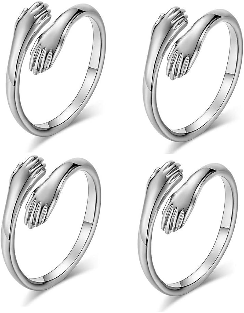 4 Pieces Hugging Hands Rings Gold Silver Hands Embrace Open Rings Adjustable Couple Hug Rings Romantic Lover Wedding Ring Jewelry Gifts