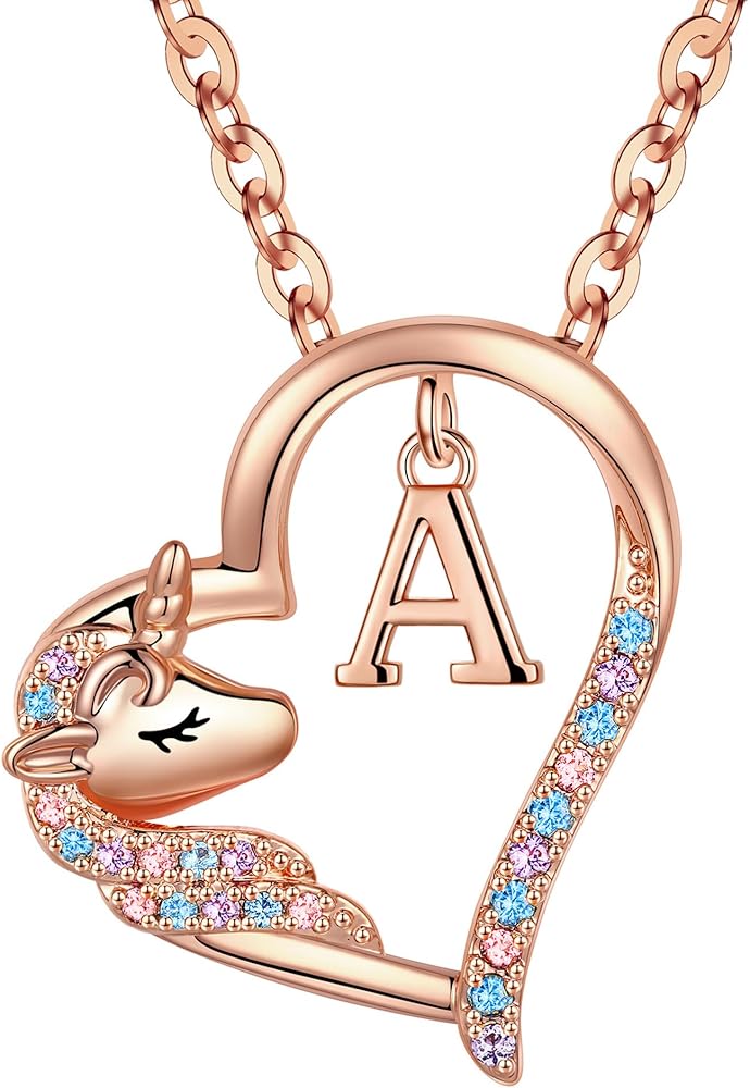 Anoup Unicorn Gifts for Girls - Unicorn Initial Necklace, 14K Gold Plated Throughout Hypoallergenic | Colorful CZ Simulated Diamond Pendant | Fashion Cute Unicorn Jewelry | Birthday Gifts for Girls