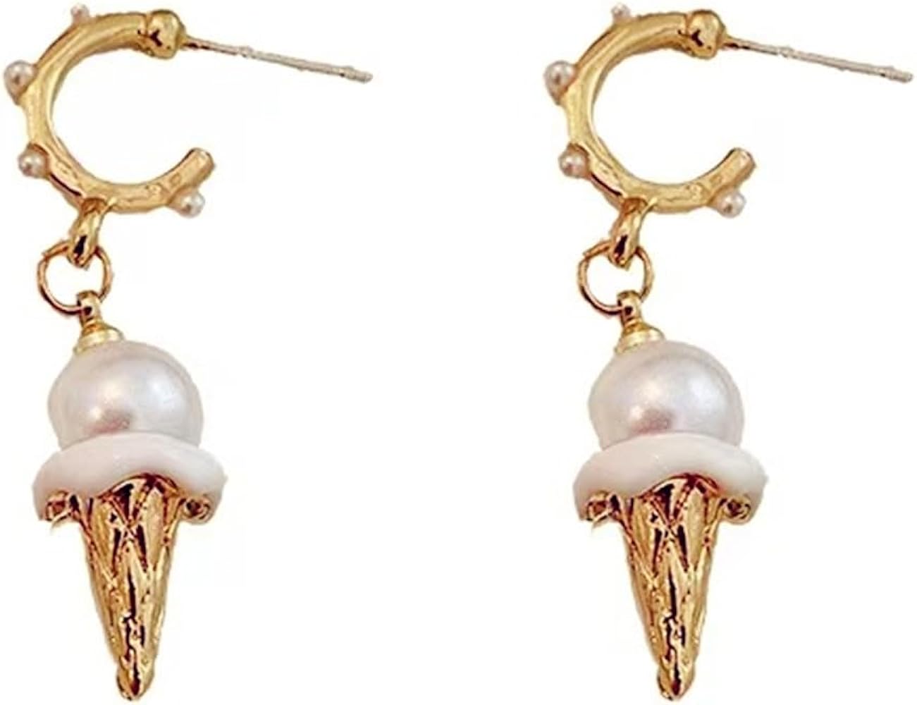 Ice Cream Pearl Small Earrings Gold Silver Plated Funny Delicate 3D Icecream Cone Desset Food Dangle Drop Earrings for Women Teen Girls Food Lover Birthday Christmas Party Fashion Jewelry Gifts