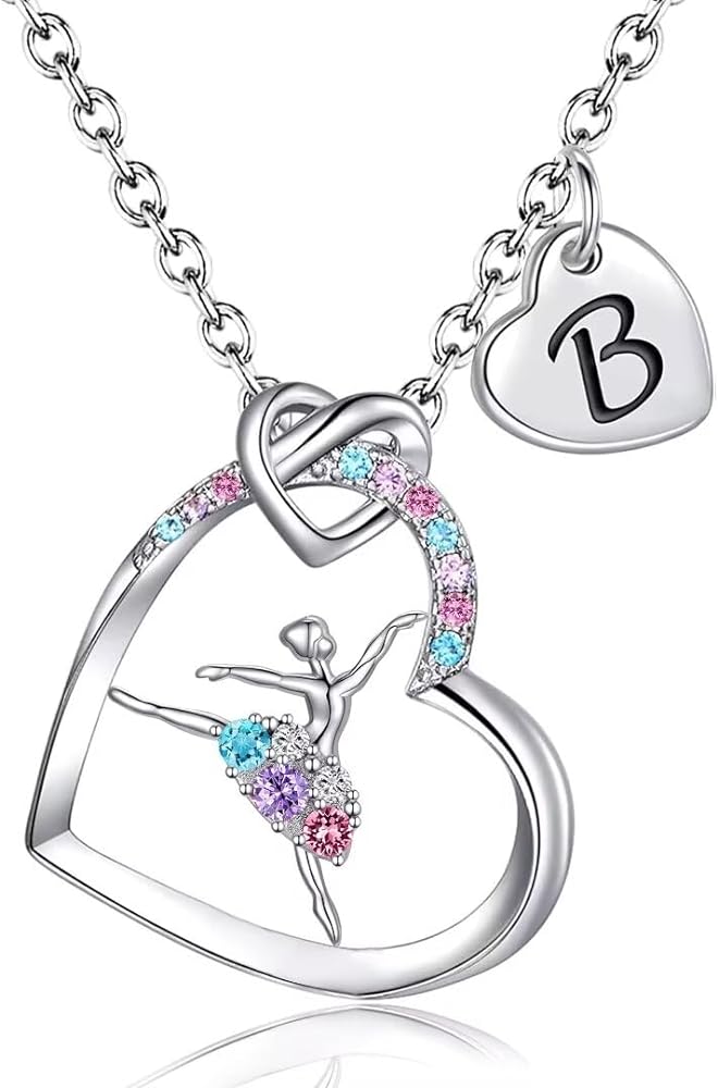 Ballerina Necklaces Gifts for Girls,Colorful CZ Heart Pendant Ballet Dancer Necklaces for Teens Girls Letter Initial Rainbow Dance Necklace Jewelry Gifts for Girls Women