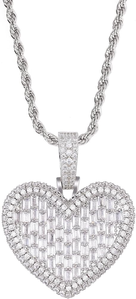 Iced Out Heart Shaped Pendant with 20" Rope Chain, Gold Silver Color Cubic Zirconia Diamond-studded Heart Charm Necklace, Hip Hop 14k Real Gold-plated Heart Jewelry for Girl Woman