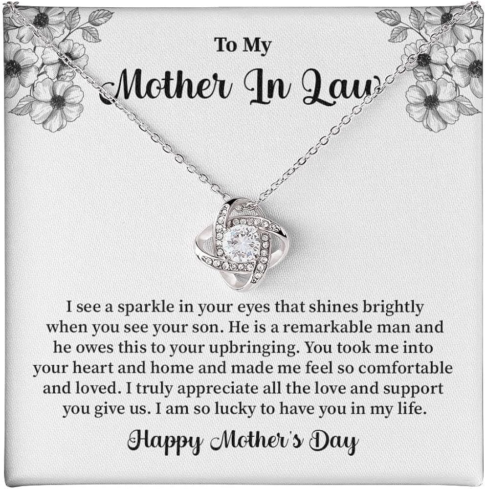 To My Mother In Law Jewelry - I See A Sparkle In Your Eyes - Love Knot Surprise Gift For My Husband's Mom On Her Birthday, Mother's Day Present, Heartwarming Expression Of Love Appreciation With This Meaningful Message Card And Elegant Standard/Luxury Gift Box From Daughter-in-law