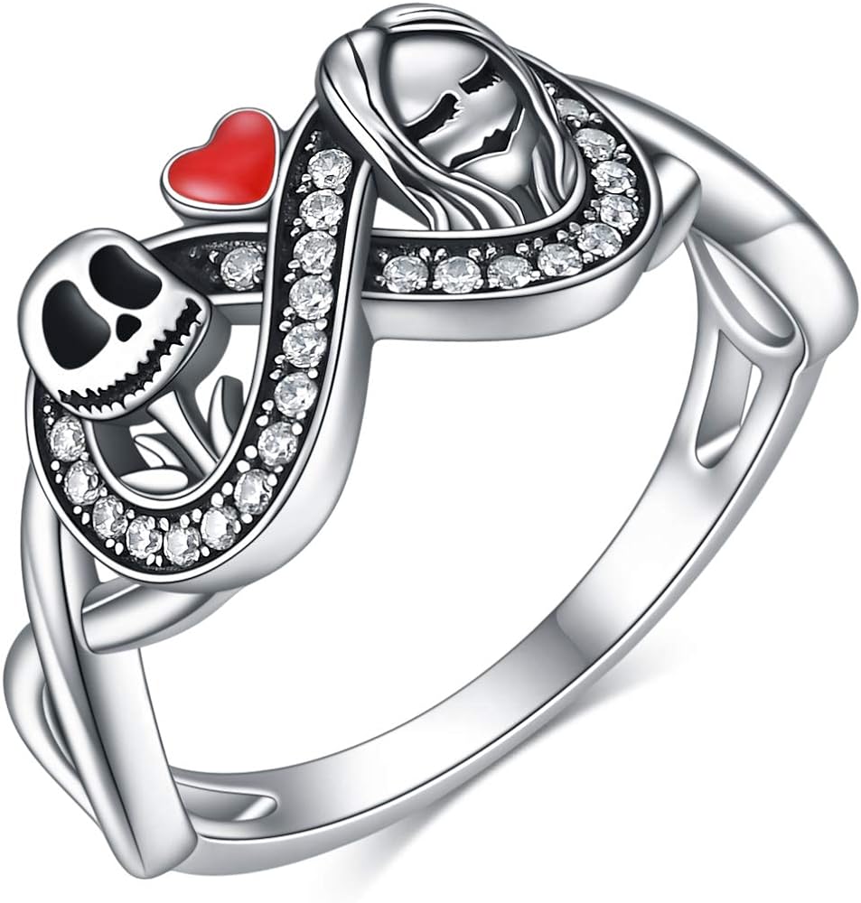 ONEFINITY Nightmare Rings 925 Sterling Silver Jack and Sally Skull Jewelry Anniversary Promise Romantic Mother‘s Day Gifts for Her Teen Girls