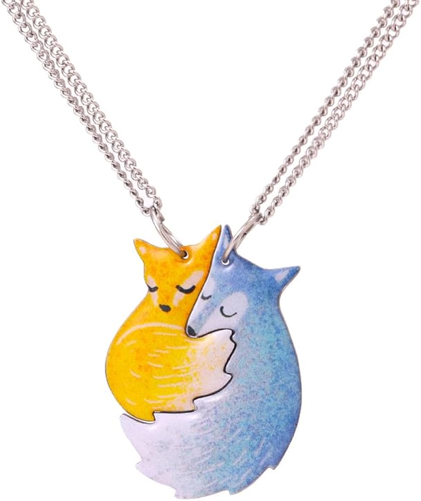 Hugging Fox and Wolf BFF Necklace For 2, Matching Friendship Jewelry Gifts For Best Friend/Couple/Women/Men/Kids