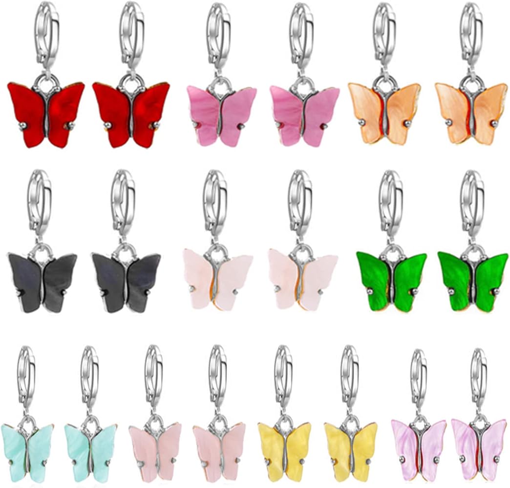 coadipress 6 Pairs Butterfly Huggie Hoop Earrings Set for Women Girls Cute Colorful Acrylic Gold Plated Dangle Drop Statement Earrings Teen Kids Trendy Jewelry Gift