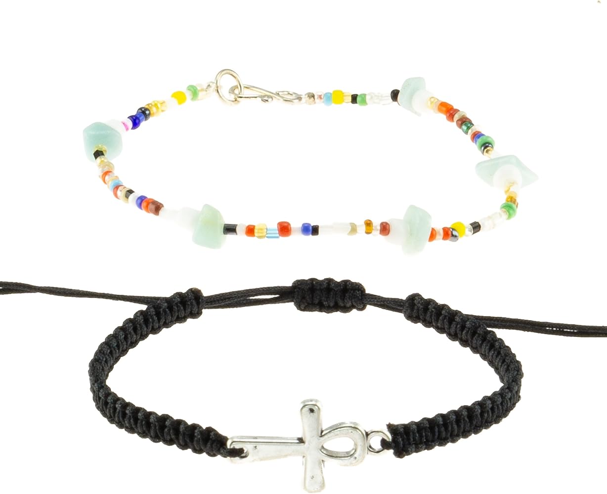 BlueRica 2 Pieces Bracelet Set ~ Macrame Ankh Cross Bracelet & Multi Seed Beads with Stone Chips Bracelet