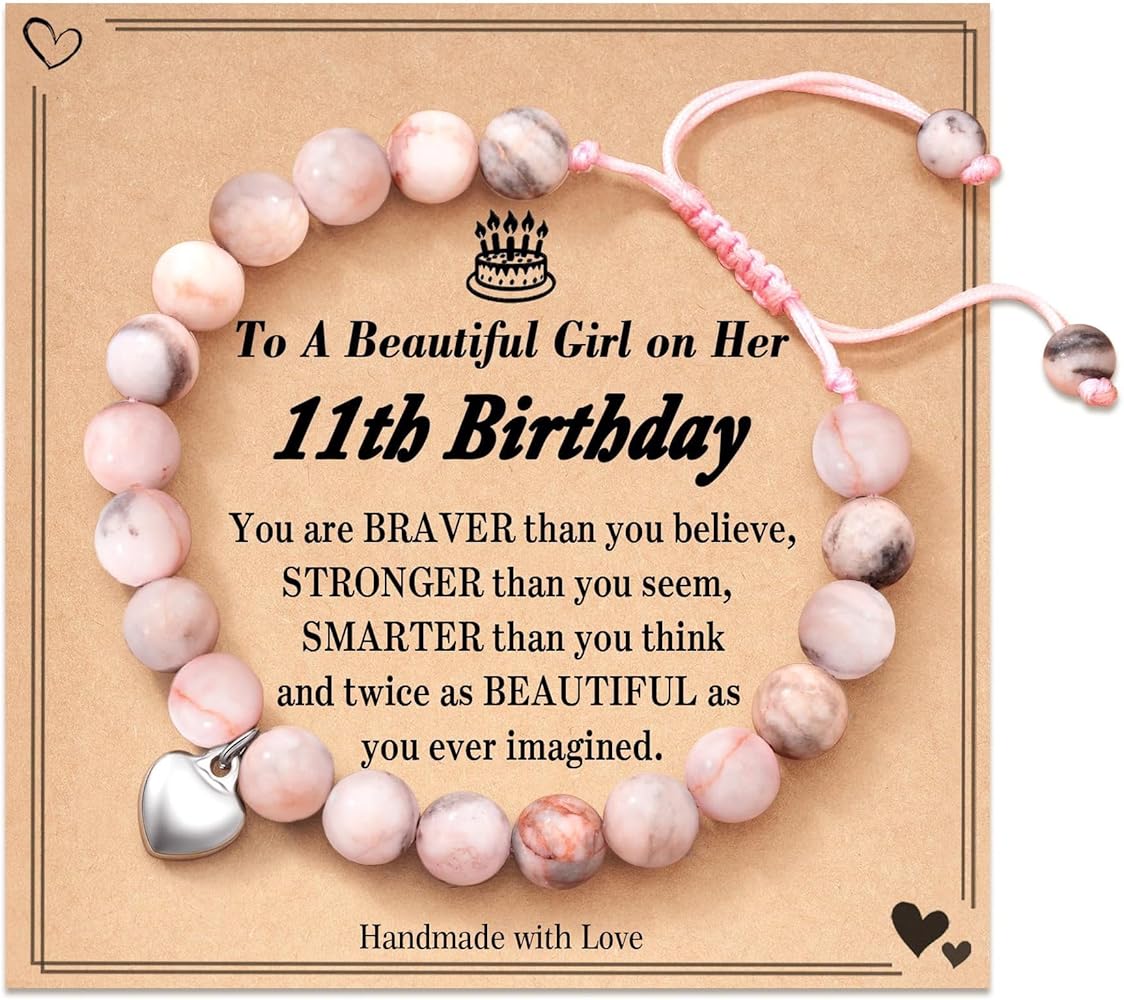 LIU JUN Age 4-11 Year Old Birthday Gifts, Pink Zebra 8mm Natural Stone Adjustable Braided Rope Bracelet To My Daughter/Granddaughter/Niece Blessing Jewelry