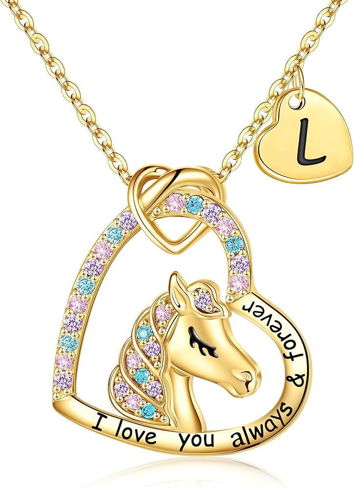 Hidepoo Horse Gifts for Girls - 16K Gold Plated Colorful CZ Heart Pendant Horse Necklaces for Girls Jewelry Christmas Gifts Birthday Gifts Initial Horse Toys Necklace Gifts for Girls Teen Girls Women