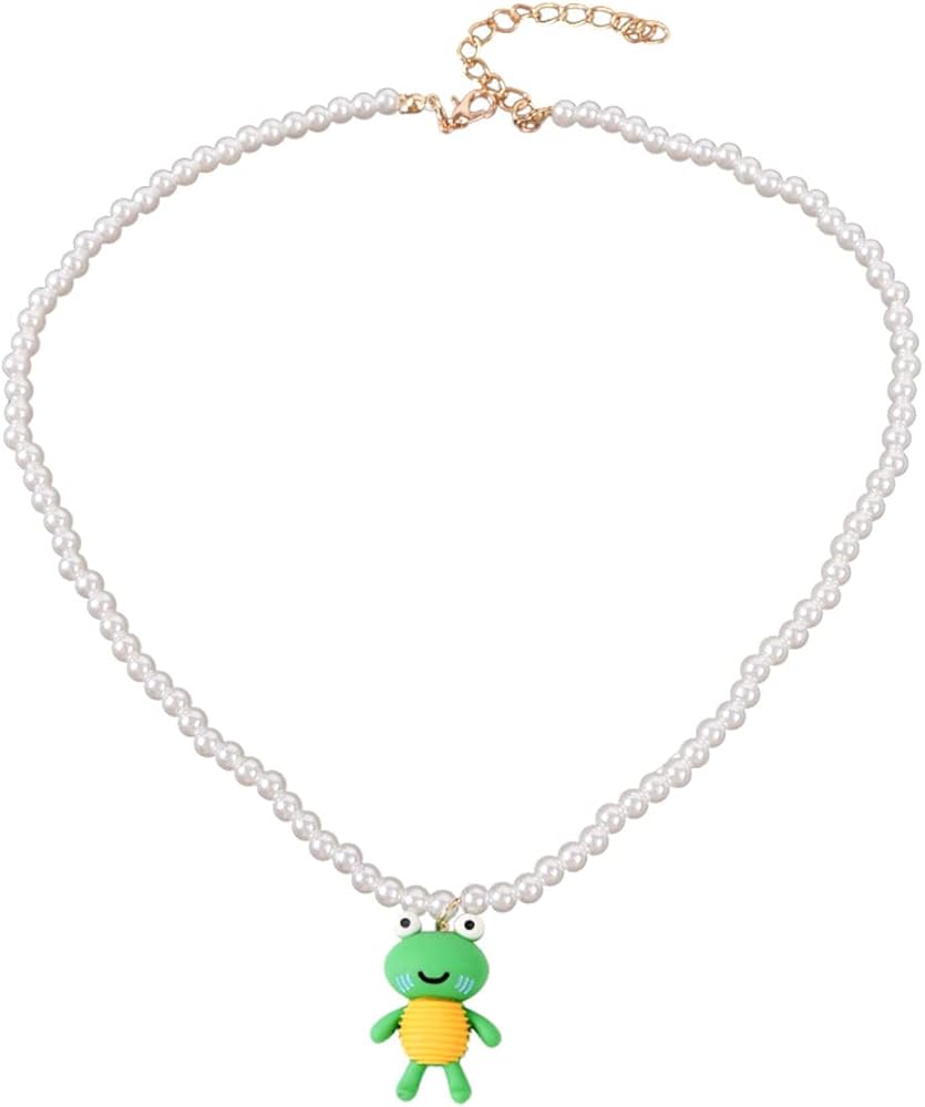 Cute Frog Pendant Necklace Multicolor Beaded Pearl Chain Frog Necklaces for Women Cartoons Animal Frog Pendants Necklace Girls Gift Jewelry