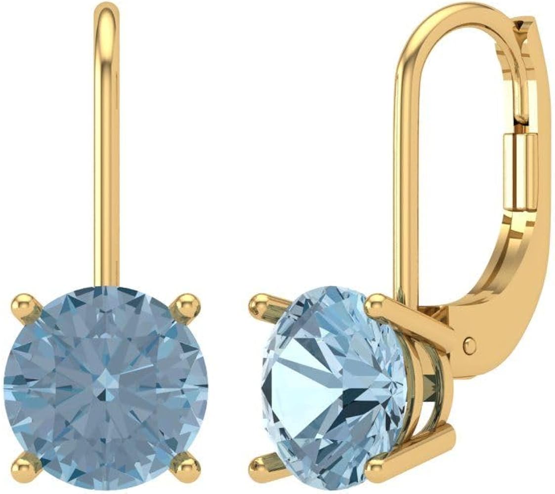 3.9ct Round Cut Solitaire Natural Sky blue Topaz Unisex Lever back Drop Dangle Earrings 14k Yellow Gold conflict free Jewelry