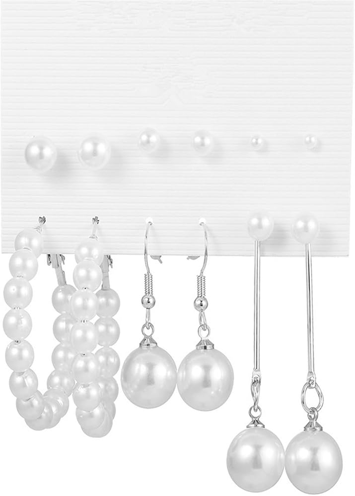 6 Pairs Pearl Stud Earrings Set Gold Silver Plated Dainty Simulated White Pearl Lightweight Circle Hoop Long Tassel Dangle Drop Earrings for Women Teen Girls Minimalist Birthday Wedding Party Jewelry Gifts