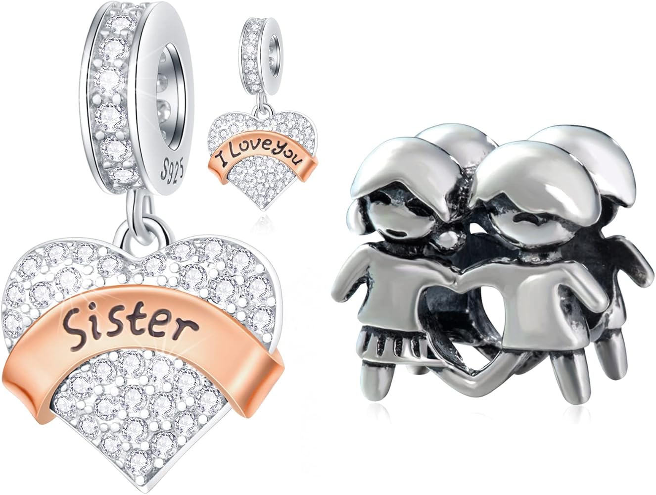 Sister Charms Set fits Pandora Style Bracelet, Twin Girls Boys Charms and Sparkling I Love You Charms Jewelry Set in 925 Sterling Silver, Best Gifts for Daughter/Son/Child