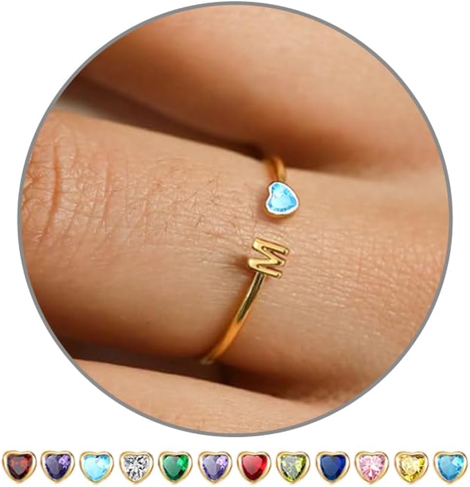 JSJOY Birthstone Rings for Women 26 A-Z Initial Ring Adjustable 14k Gold Ring Birthday Gifts for Her Rings for Teen Girls Sister Bridesmaid Gifts Dainty Letter Jewelry