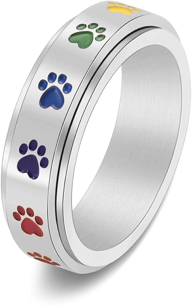 Stainless Steel Paw Print Spinner Ring for Anxiety Fidget Rings Relieving Stress Rotate Freely Cute Animal Enameled Rainbow Engagement Wedding Band Jewelry Gift for Women Men Birthday Christmas Valentine's Day Anniversary