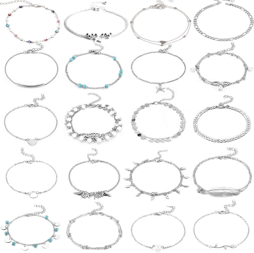 Anklets for women Beach Ankle Chains Bracelet 20pcs Cute Adjustable Layered Foot Jewelry Set Girls Boho Silver