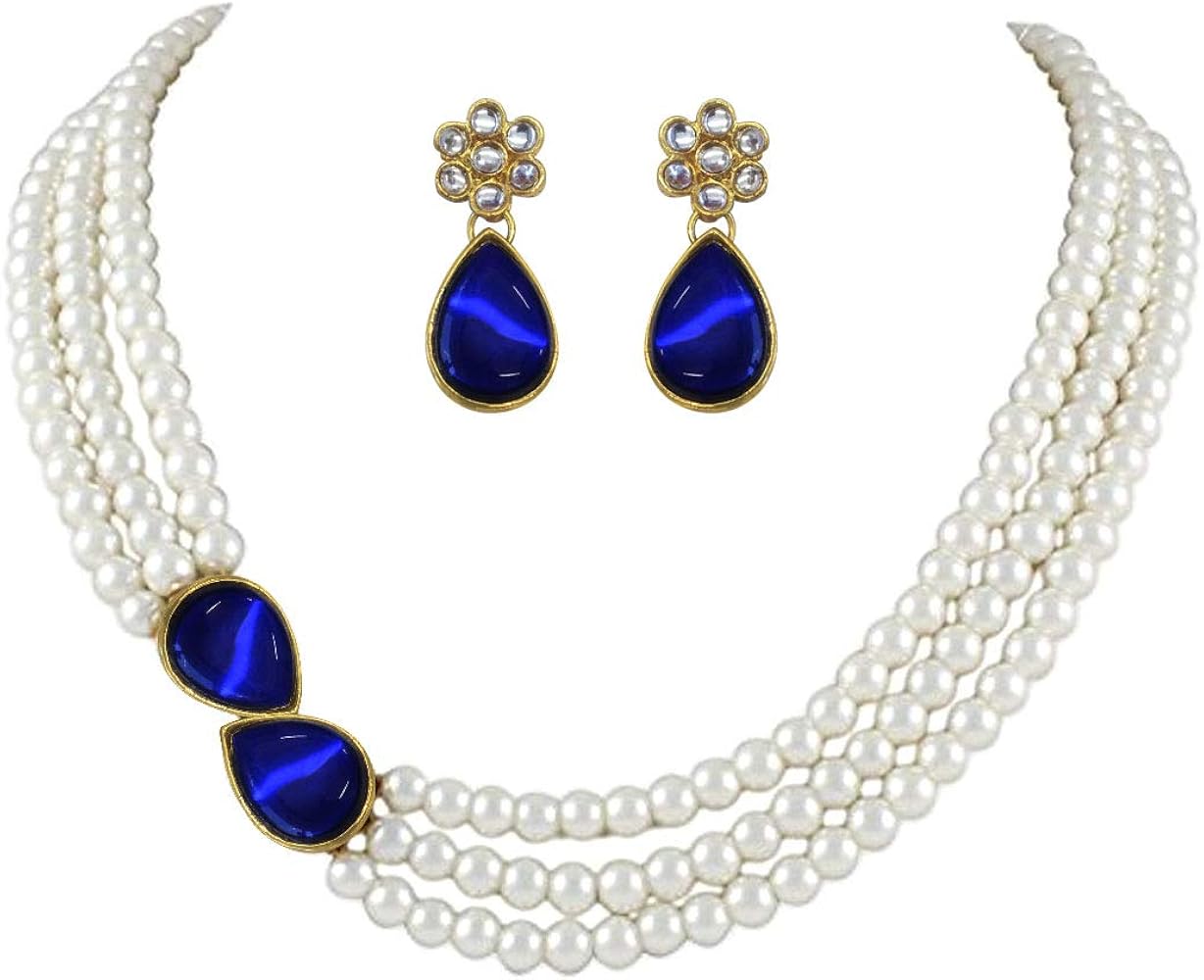 Aheli Pearl Mala Blue Necklace with Earrings for Women Indian Traditional Bollywood Fashion Stylish Ethnic Jewelry Set