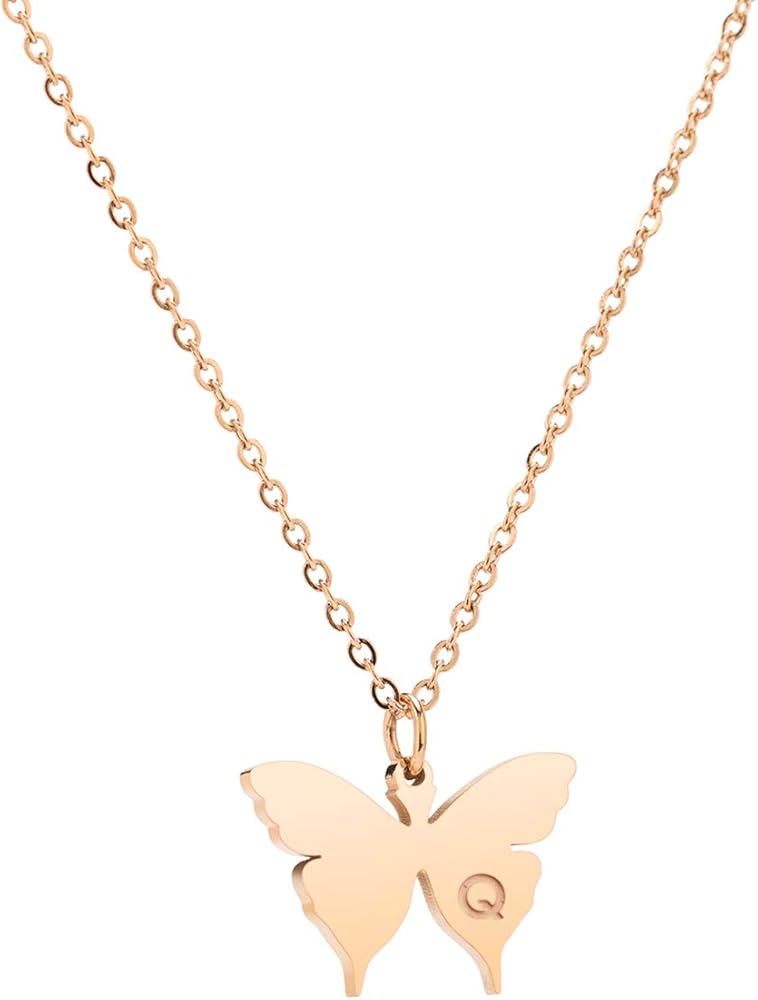 Dainty Rose Gold Initial Butterfly Pendant Necklace Butterfly Initial Letter Necklace Birthday Gift for Grandma Mom Aunt Sister Daughter Best Friend