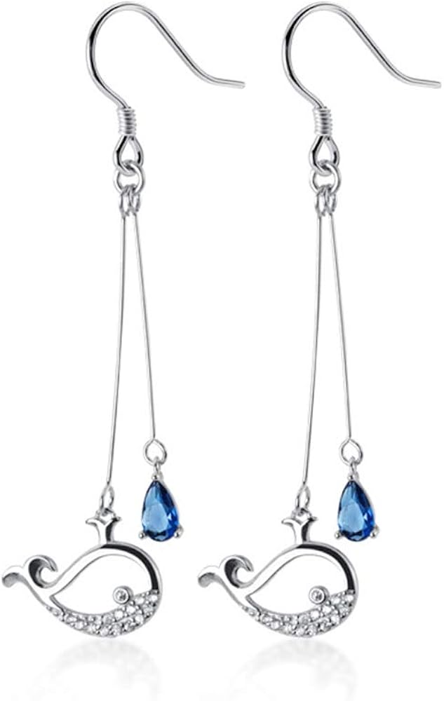 Whale Dangle Drop Hook Earrings S925 Sterling Silver Blue Crystal Waterdrop Charm CZ Cute Fish Dangling Threader Earring Fashion Jewelry for Women Girls BFF