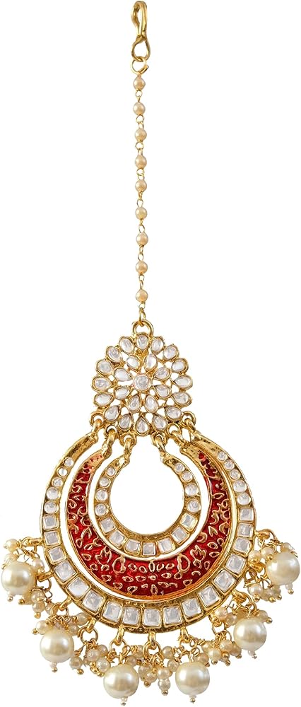 Crunchy Fashion Traditional Indian Antique Gold Plated Kundan Studded Bridal/Wedding/Bridemaids Maang Tikka For Girls Bollywood Traditional Forehead Jewerly For Women