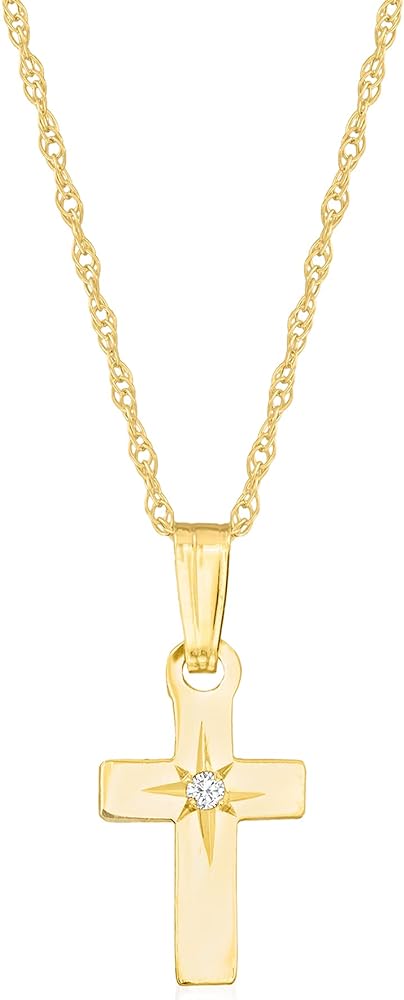 Baby's 14kt Yellow Gold Cross Pendant Necklace With Diamond Accent. 13 inches