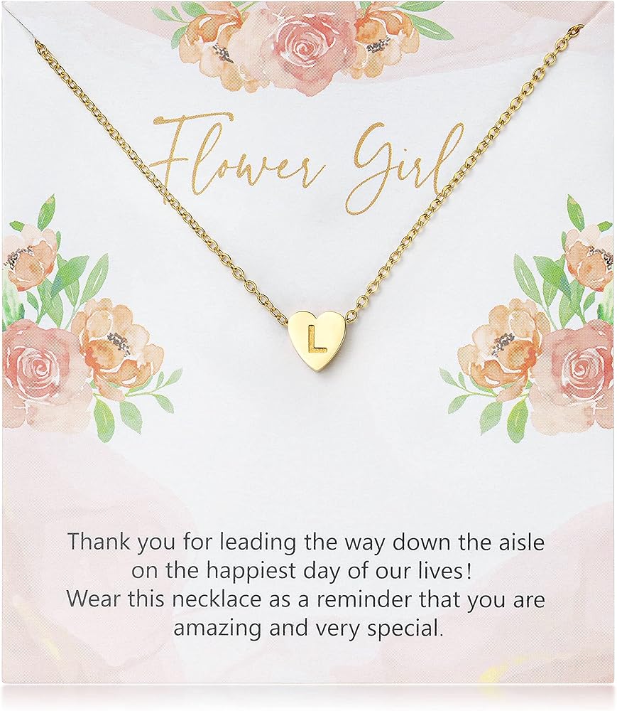 OSNIE Flower Girl A-Z Alphabet Pendant Necklace 14K Gold Plated Tiny Capital Letter Initial Heart Pendant Necklace Wedding Day Thank You for Being My Flower Girls Jewelry Gifts Proposal from Bride