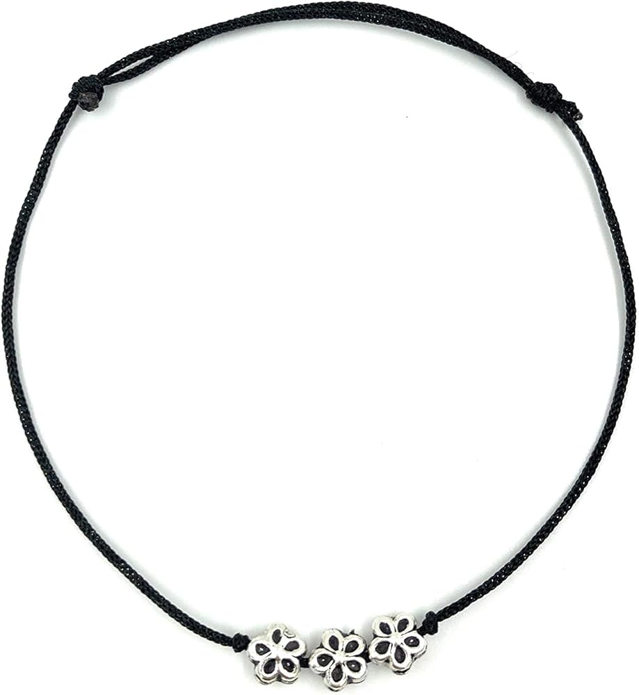 Jewellers 925 Sterling Silver Solid Fixed Flower Designer Thread Anklet Payal Bracelet Adjustable [Single Piece] Free Size Black