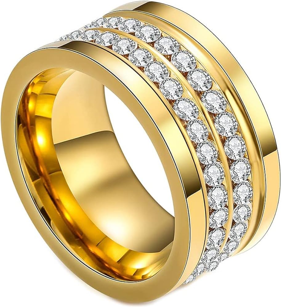 Fashion 18K Gold Stainless Steel Band Ring Two Row Crystal Ring