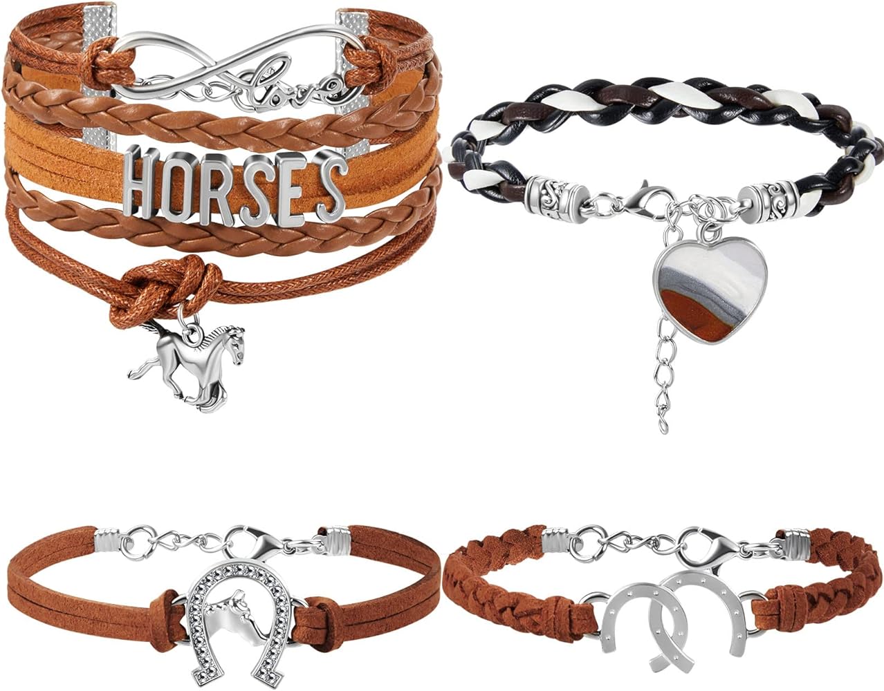 Bonuci 4 Pieces Horse Bracelet Horse Party Favors Infinity Bracelet Horse Charm Handmade Leather Horse Bracelet Adjustable Jewelry