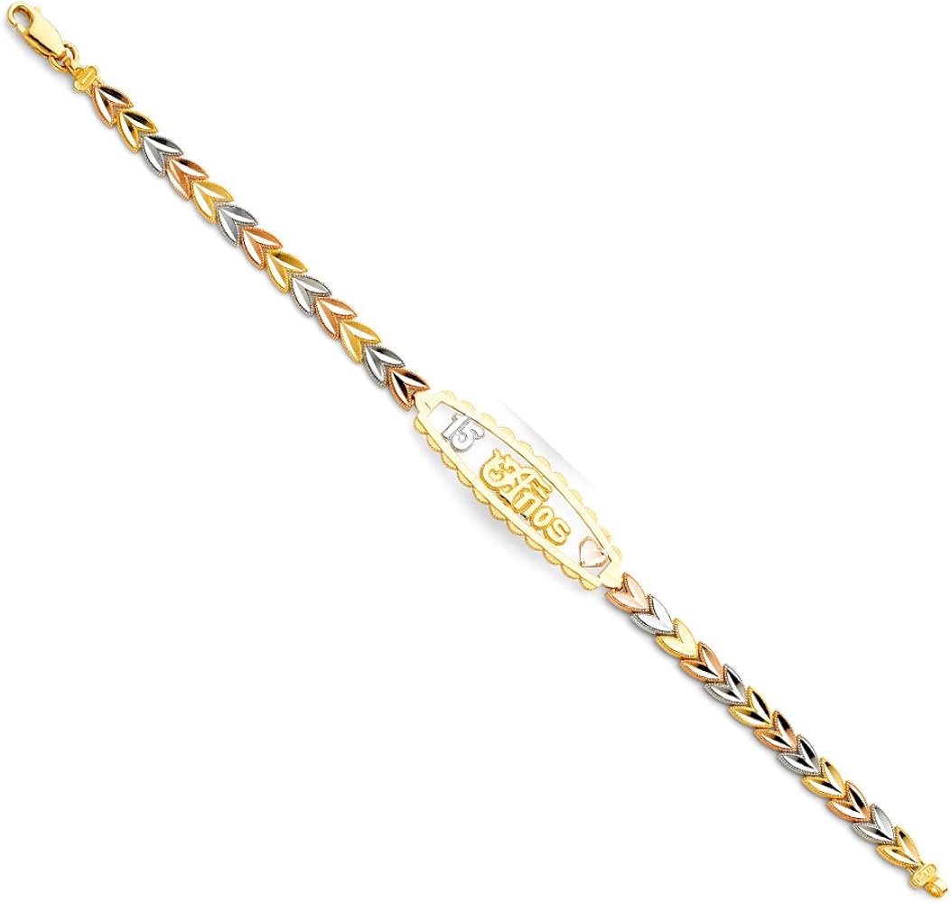 14KY Tri Color 15 Years ID Bracelet - 7.25" | Yellow Gold Chain Bracelet for Men and Women | Solid Gold Bracelets for Womens Mens Girls Boys 14k Real | Birthday Valentines Gifts For Adults | Weight 7.7 | Jewelry Gift Box