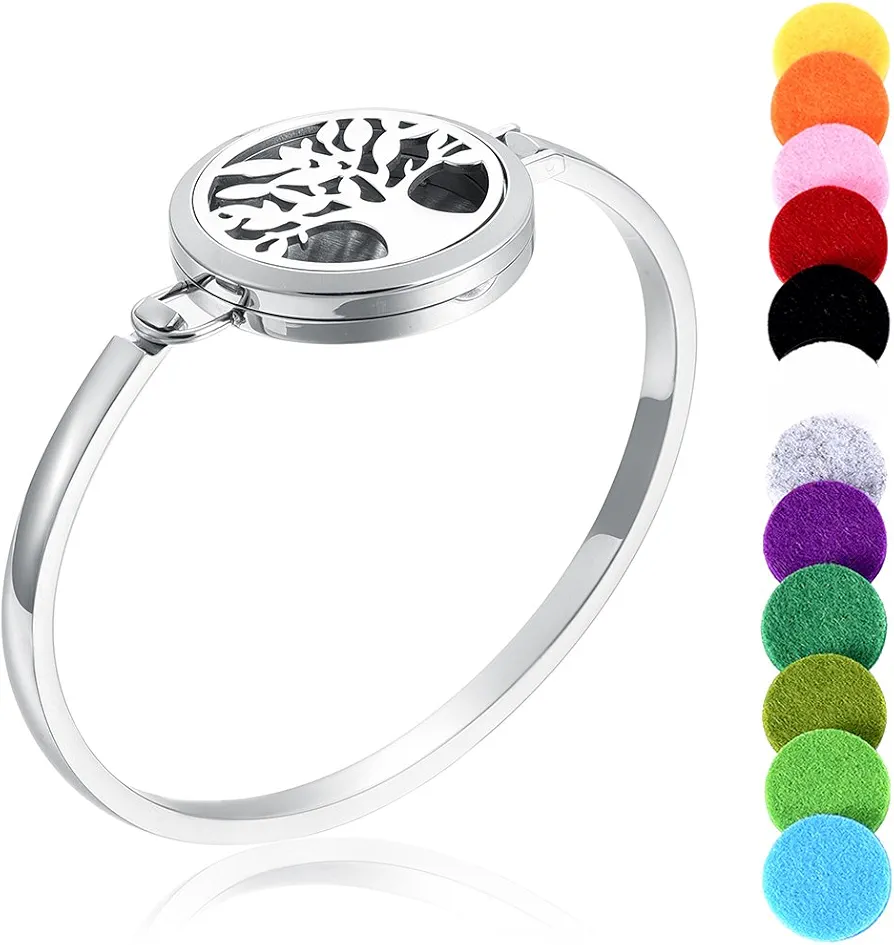 Aromatherapy Essential Oil Diffuser Bangle & Locket Bracelet with 316L Stainless Steel Pendant + 12 Pads