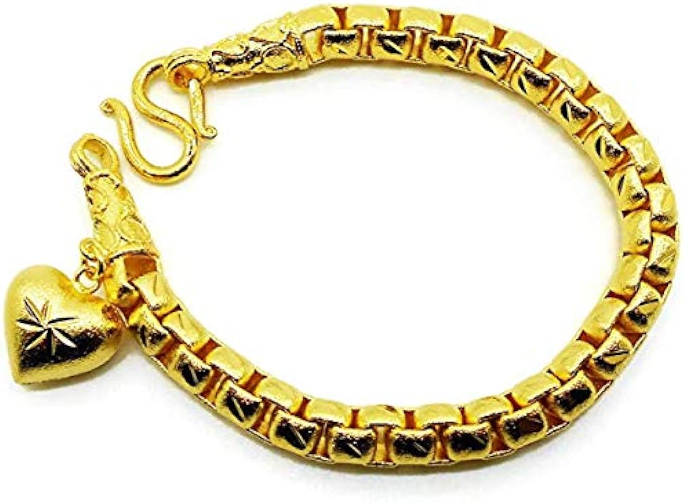 Chain Gorgeous Heart Charm Thai Baht Yellow Gold Plated Filled Bangle 23k 24k Bracelet Jewelry 7,7.5,8 inch