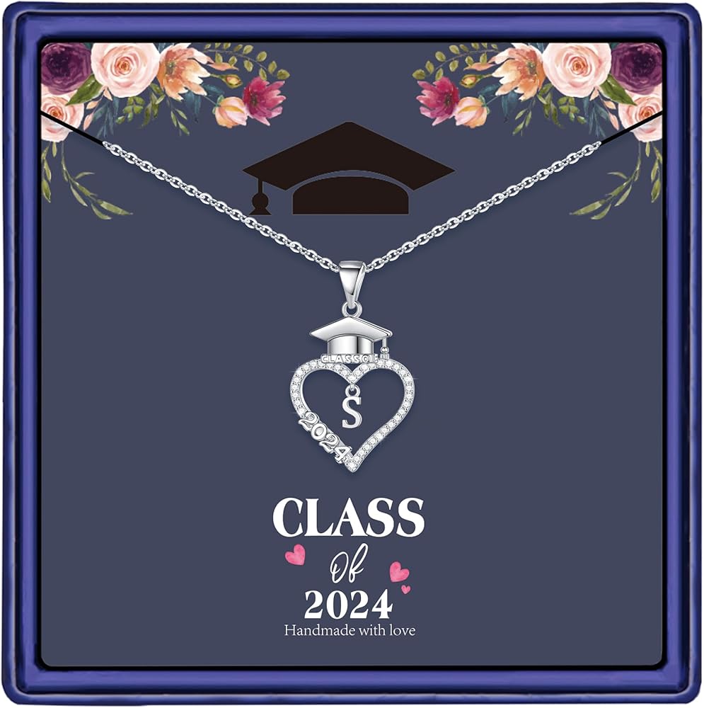 M MOOHAM Graduation Gifts for Her 2024, 14K White Gold Plated CZ Graduation Cap Heart Pendant Initial Necklaces for Women Teen Girls High School College Graduation Gifts for Her