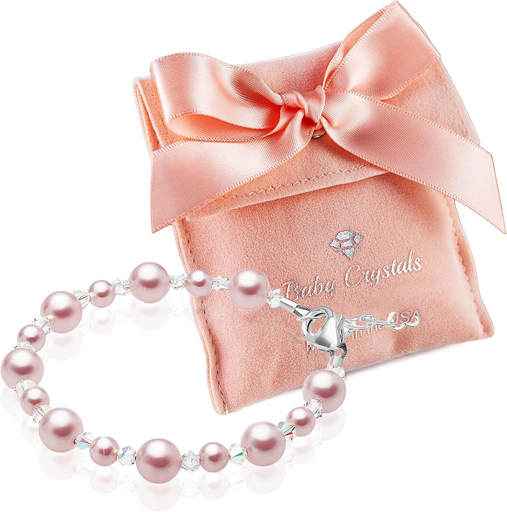 Sterling Silver Charm Bracelets for Girls -Girls Jewelry with Rosaline Simulated Pearls and European Crystals – Birthday gifts, Pearl Bracelet for girls