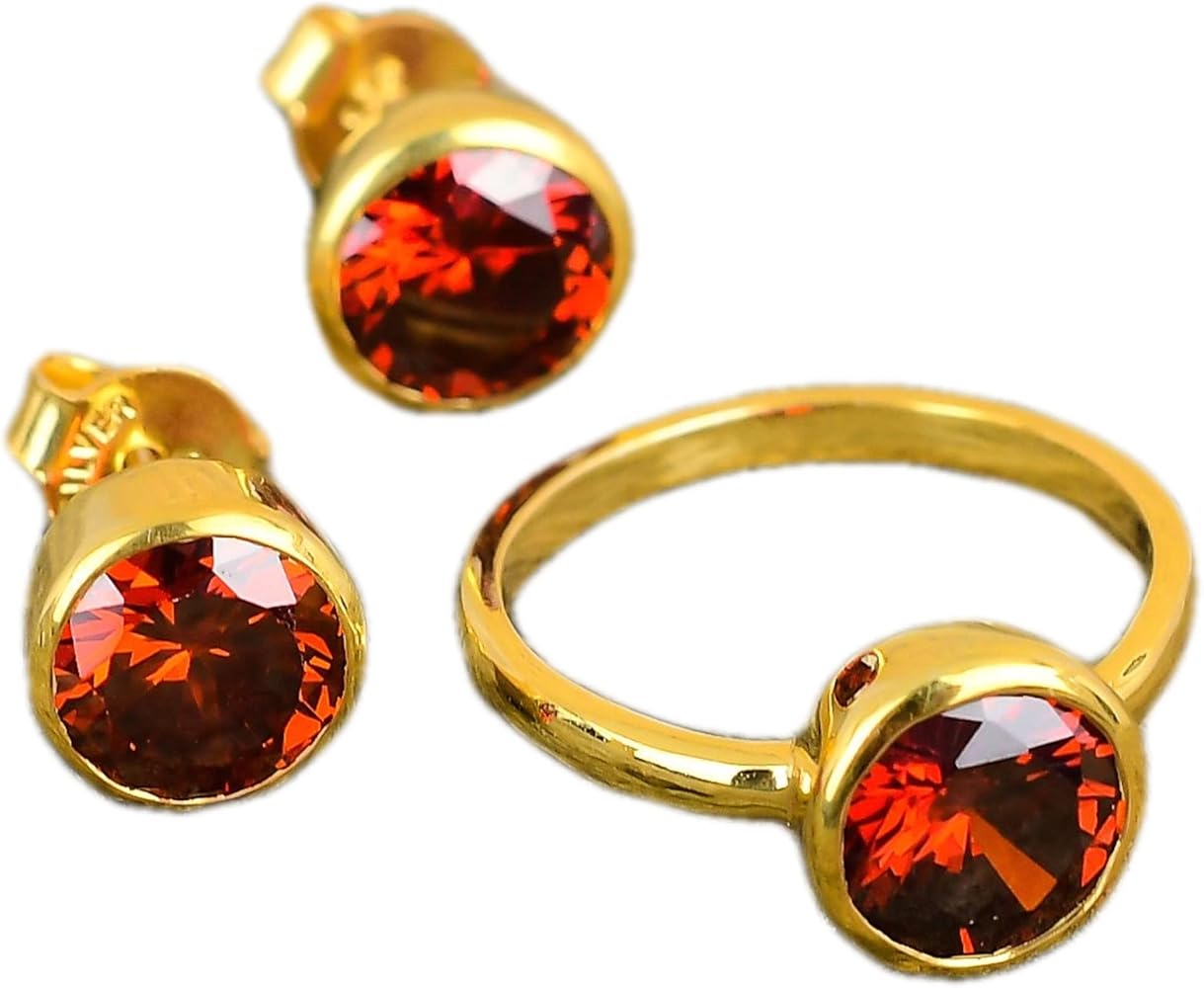 Jewelry set ring stud set earrings for woman girls Garnet quartz 8mm