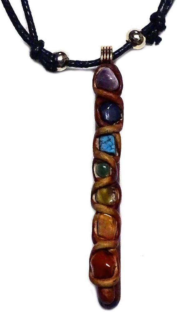 Rainbow Chakra Tumbled Healing Gemstone Chip Crystal Wooden Stick Pendant Adjustable Necklace - Unisex Fashion Handmade Jewelry Boho Accessories