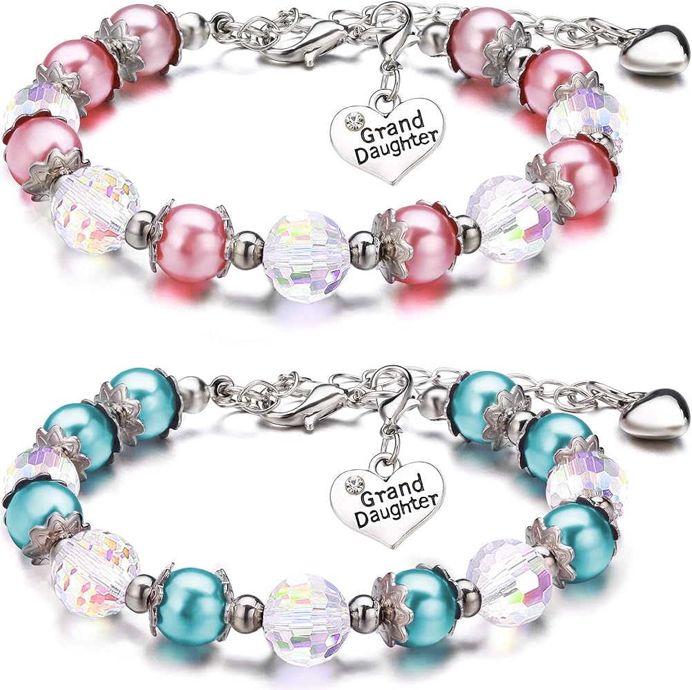 Hicarer 2 Pcs Granddaughter Bracelets for Girls Granddaughter Gifts Heart Charm Beaded Bracelets for Hers Teen Birthday Back to School Gift