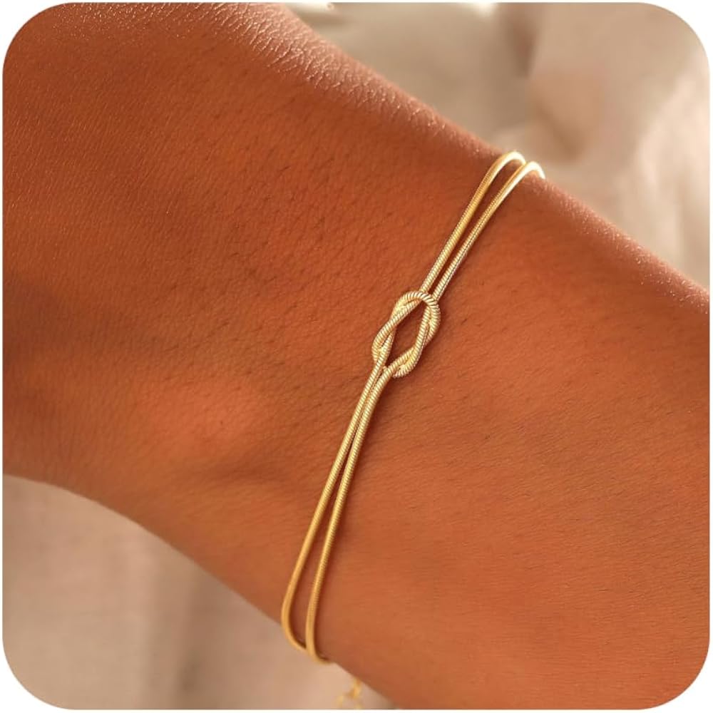 Matching Bracelets for Couples，Dainty Gold Love Knot Bracelet 14K Gold Plated Herringbone Chain Bracelet Relationship Jewelry Gifts for Best Friend