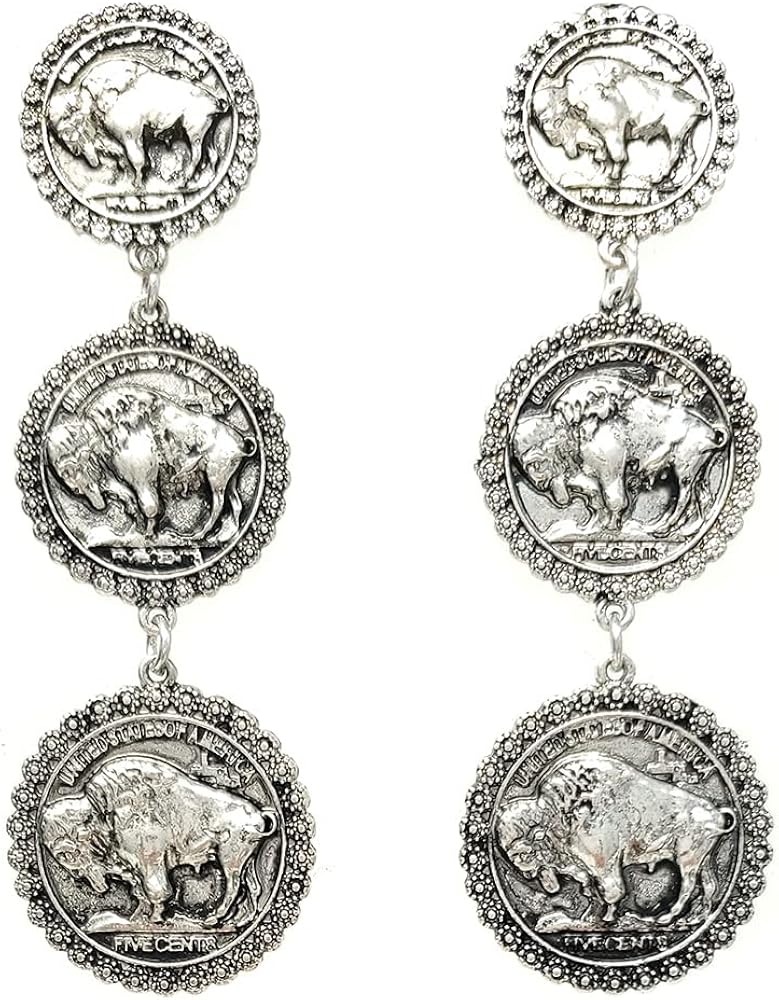 Emulily Western Coin Drop Earrings Boho Western Buffalo Coin