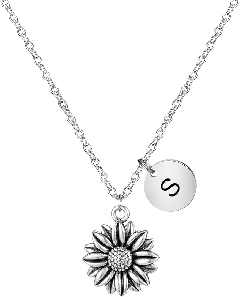 JoycuFF Sunflower Necklace Dainty Letter Jewelry Silver Daisy Flower Charm Chain Pendant Personalized Monogram Inspirational Gifts for Her Women Daughter Sister Wife Best Friend