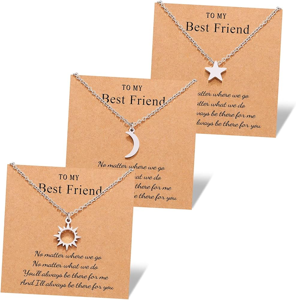 UNGENT THEM Dainty Sun Moon Star Friendship Necklace for 2/3 Best Friend Sisters Women Girls with Gift Message Card