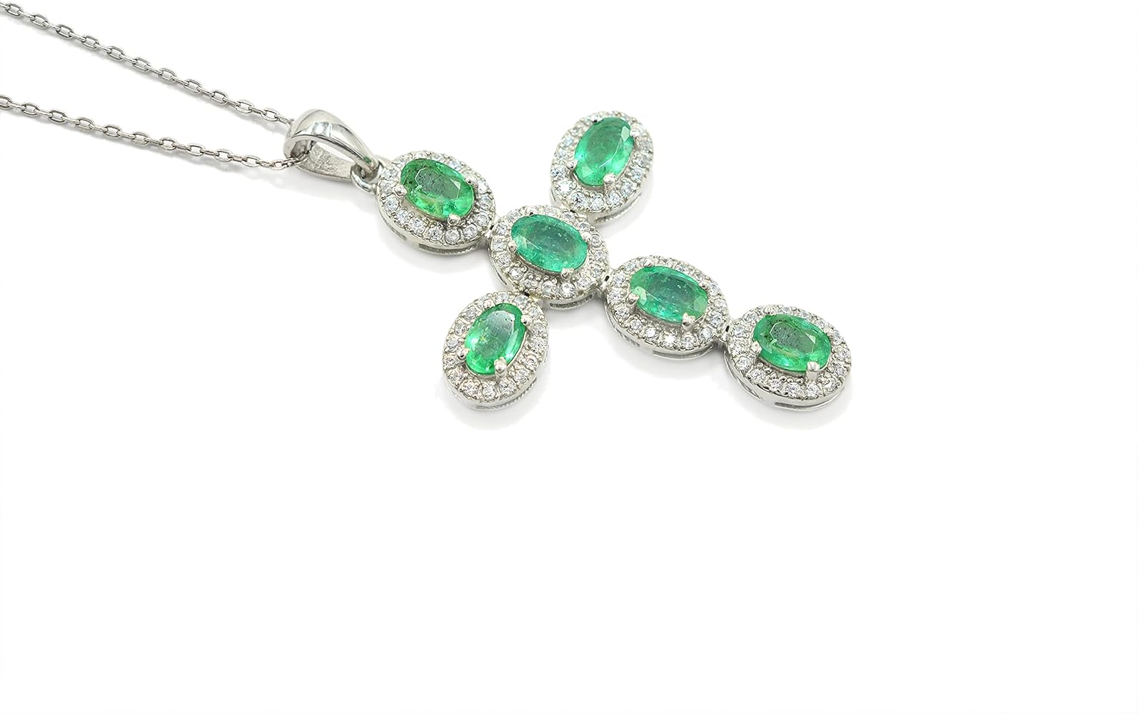 Natural 6X4 MM Oval Cut Zambian Emerald Gemstone 925 Sterling Silver Holy Cross Pendant Necklace May Birthstone Emerald Jewelry Bridal Necklace Wedding Gift (PD-8448)