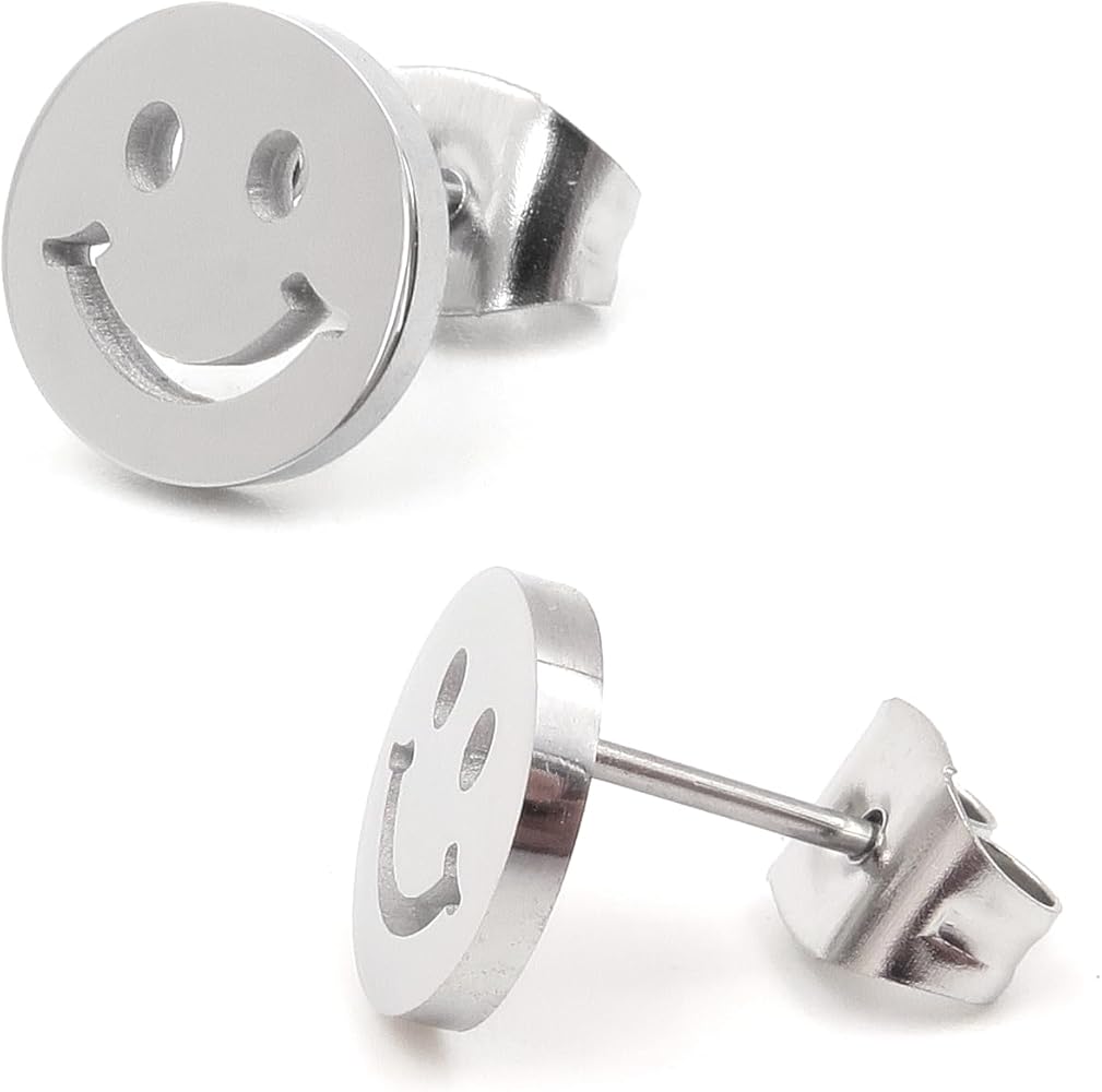 Stainless Steel Hollow Smiley Face Post Stud Earrings 8mm