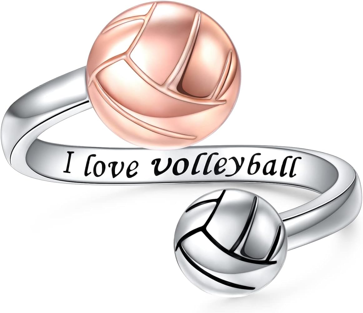 Yearace Adjustable Volleyball Ring 925 Sterling Silver Open Volleyball Ring Rose Gold I Love Volleyball Jewelry for Women Teen Girls Player