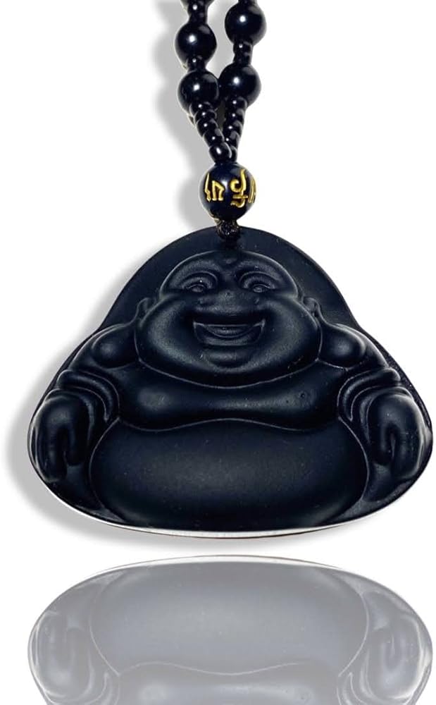 Laughing Buddha Black Jade Stabilized Turquoise Pendant White Bead Necklace Carved Long Large Boho Turquoise Bodhisattva Amulet Talisman Chain Genuine Certified Grade A Jadeite Hand Crafted Medallion